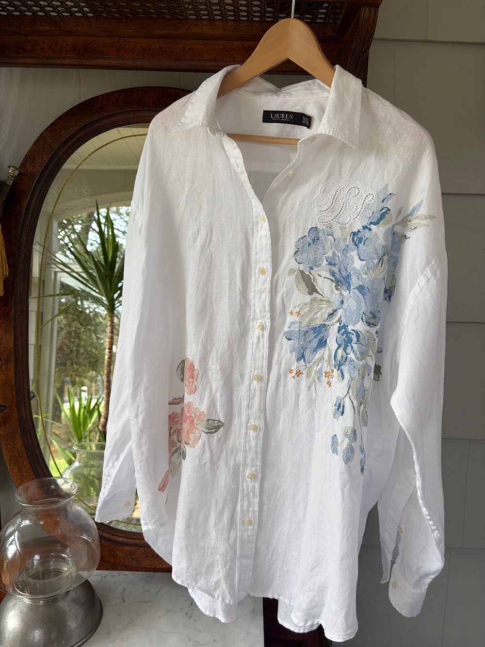 Ralph Lauren Button-Down Shirt or Swim Cover-Up Blue Pink Floral - Picture 9 of 9